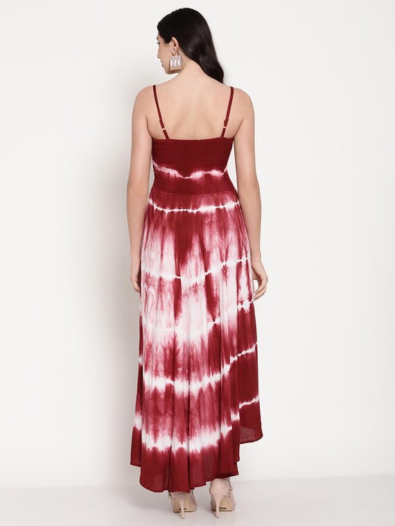 Aawari Women's Chic Maroon & White Tie-Dye Bobbin Gown with Spaghetti Straps Aawari Women's Chic Maroon & White Tie-Dye Bobbin Gown with Spaghetti Straps