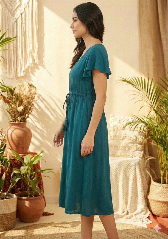 Women's Teal Blue Rayon Umbrella Style A-line Dress With Drawstring Waist