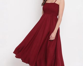 Maroon Smocked Bobbin Midi Dress, Elegant Spaghetti Strap Gown