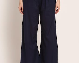 Aawari Dark Blue Rayon Viscose Wide-Leg Palazzo Pants for Women