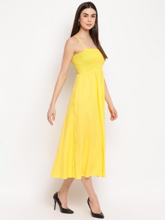 Yellow Smocked Midi Dress, Spaghetti Strap Bobbin Gown Yellow Smocked Midi Dress, Spaghetti Strap Bobbin Gown