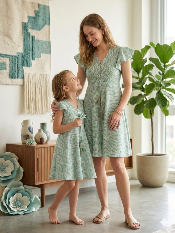 Mom & Me Sky Blue Zigzag Cotton Umbrella Style A-line Dress With Drawstring Waist