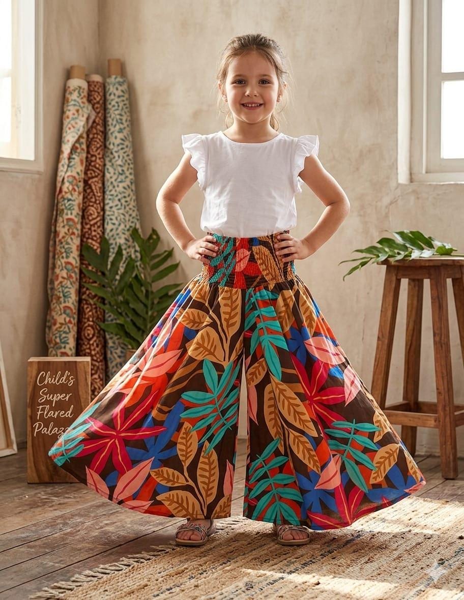 Baby Girls Multicolor Leaf Printed Cotton Flared Palazzo Pants with Smocked Waist