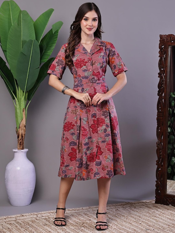 red floral button down dress Red Floral Button Down Plus Midi Shirt Dress PinkBlush