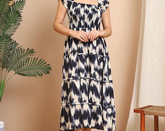 Smocked Bodice Rayon Viscose Chic Cream Ikkat Maxi Dress with Cap Sleeves