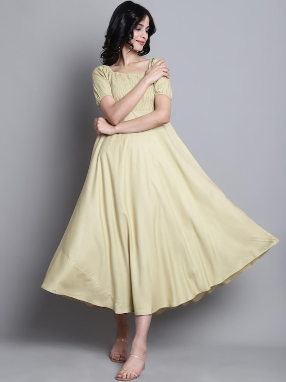 Beige Rayon Viscose Midi Dress | Smocked Waist Puff Sleeve