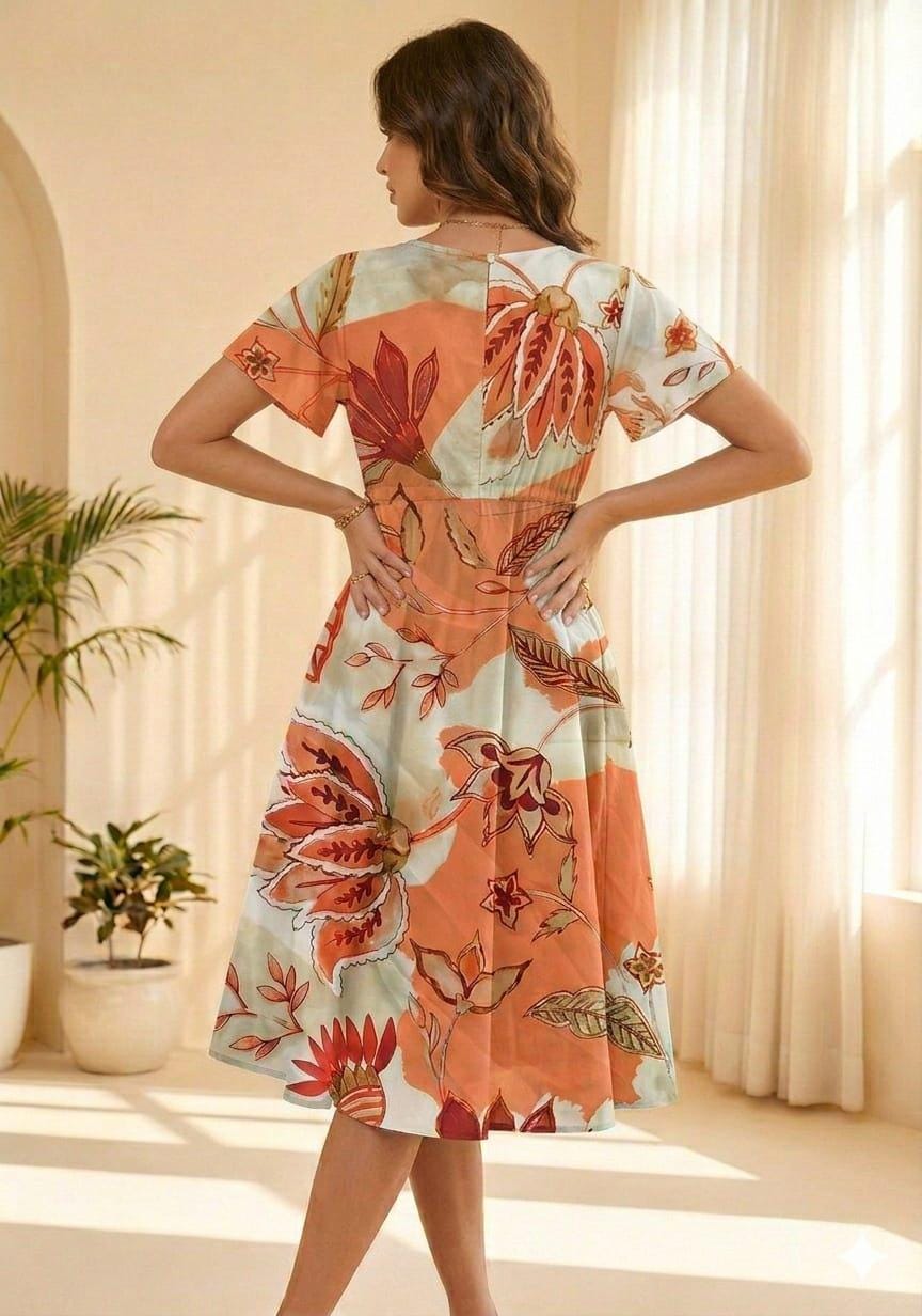 Women’s Cotton Orange Floral Printed Umbrella Style A-Line Dress