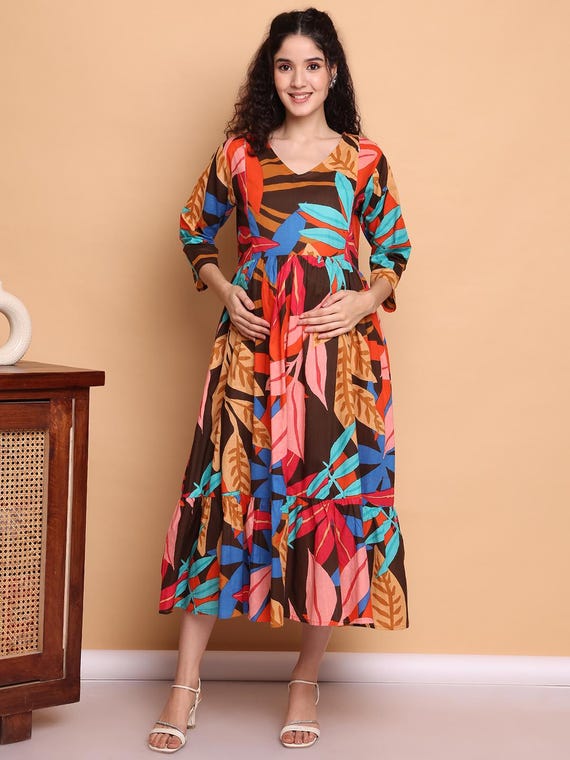 Aawari Multicolor Leaf Print Cotton Maternity Maxi Dress with 3/4 Sleeves