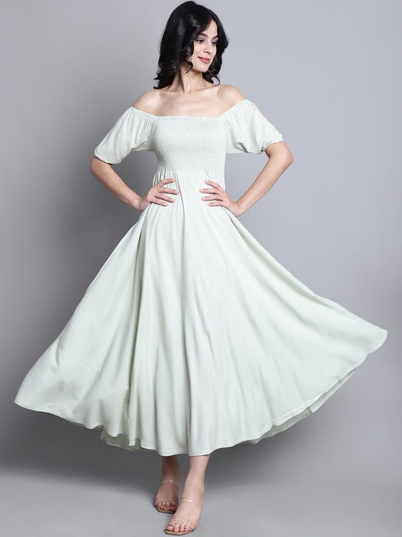 Pastel Green Midi Dress | Rayon Viscose, Smocked Waist, Puff Sleeve
