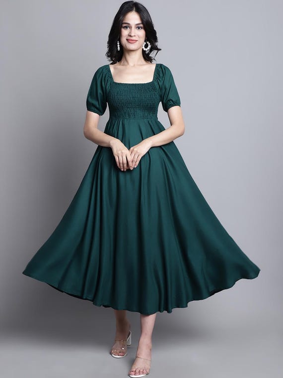 dark green smocked dress Midi | Rayon Viscose, Puff Sleeve Waist export22