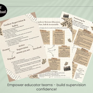 Puede incluir: Varios documentos educativos con texto y gráficos, incluyendo las frases "Outdoor Supervision & Safety" y "Empower educator teams - build supervision confidence!". Los documentos tienen una estética vintage.
