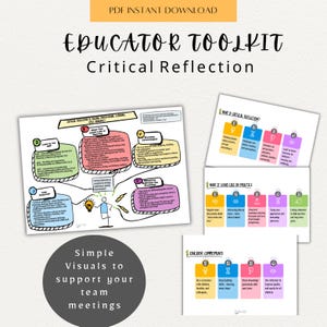 May include: A digital download titled "Educator Toolkit: Critical Reflection" with diagrams and text. The image features colourful charts and the phrase "Simple Visuals to support your team meetings."