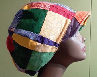 Rainbow Calico Patchwork Apple Newsboy Hat Women Large Handmade Free Shipping