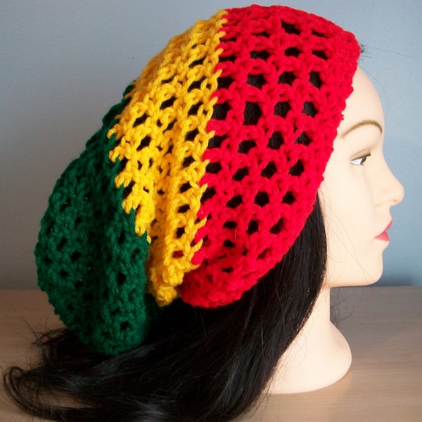 Rasta Hat Slouchy Crocheted Tam Beanie Drawstring Men Women Locs Handmade Free Shipping