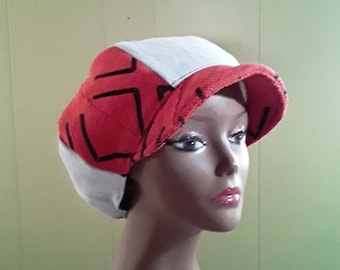 African Mudcloth Denim Hat Red Black Newsboy Apple Hat Medium Free Shipping