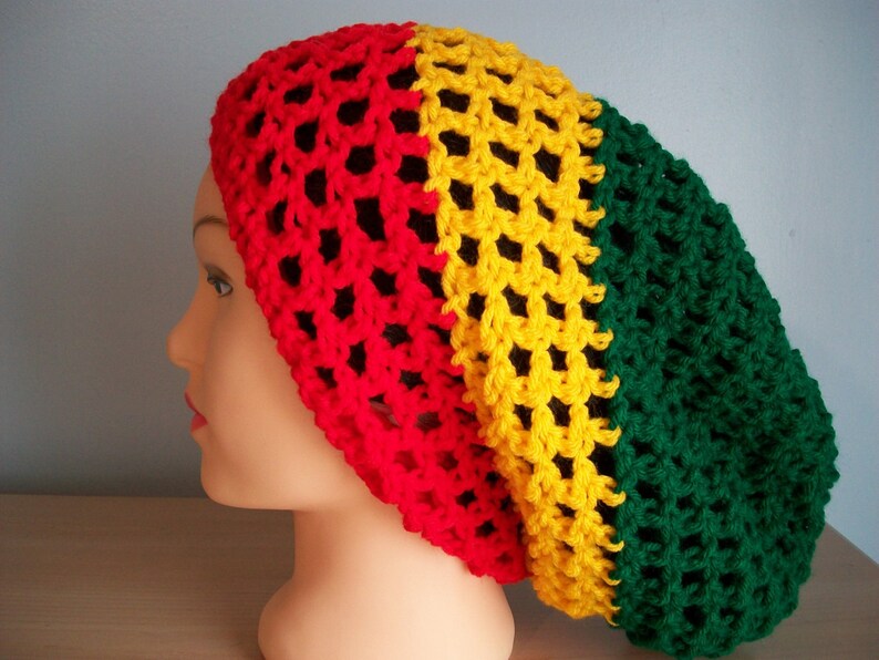 Rasta Hat Slouchy Crocheted Tam Beanie Drawstring Men Women Locs Handmade Free Shipping image 2