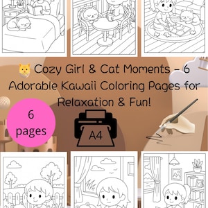 Cute Cat & Girl Coloring Pages – Cozy Kawaii Scenes, Relaxing Activities, Fun Printable Art for Kids and Adults