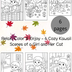 Kawaii Girl and Cat Coloring Pages – Cute Cozy Printable Scenes, Relaxing Fun Activities for Kids and Adults