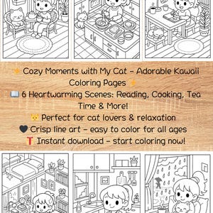 Cozy Cat & Girl Coloring Pages – Cute Life Moments, Hygge Home Scenes, Kawaii Pet Activities