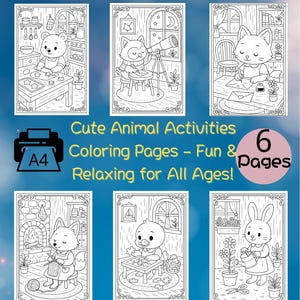 Cute Animal Activities Coloring Pages | Cozy Animal Scenes | Printable A4 Coloring Book for Kids & Adults | Digital Download