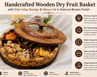 Handmade Wooden Rotating Snack Tray with Lid – Round Lazy Susan Organizer, Divided Serving Platter, Spice Storage Box