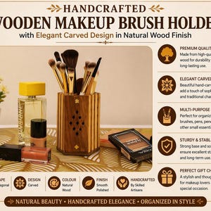 May include: A hexagonal wooden makeup brush holder with a natural wood finish and carved diamond-shaped patterns. The holder contains various makeup brushes and is surrounded by perfume bottles and a makeup palette on a gold patterned surface.