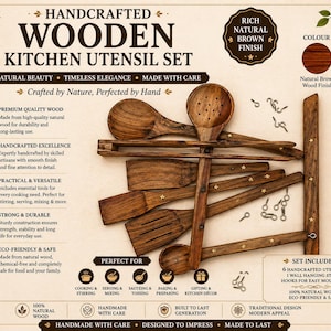 May include: A handcrafted wooden kitchen utensil set with a rich, natural brown finish. The set includes six utensils and a wall-hanging stand. The text on the image says "Handmade with care" and "Designed to impress".