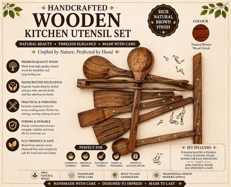 May include: A handcrafted wooden kitchen utensil set with a rich, natural brown finish. The set includes six utensils and a wall-hanging stand. The text on the image says "Handmade with care" and "Designed to impress".