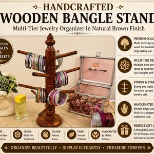 May include: A handcrafted wooden bangle stand in a natural brown finish. The multi-tier jewelry organizer displays bangles and bracelets. The stand has a round base and multiple arms. The text on the image says "Handcrafted Wooden Bangle Stand".