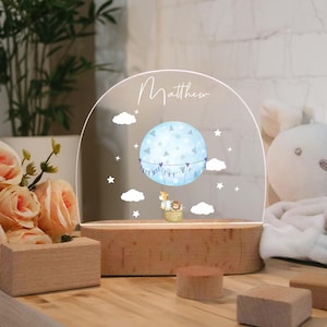 Personalized Blue Rainbow Night Light, Hot Air Balloon Travel Plaque With Name, Cute Animal Decor Nursery Lamp, Baby Shower Gift