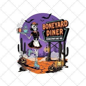 Boneyard Diner Halloween Skeleton Waitress Design – Retro Horror Roller Diner Art | PNG + PSD Digital File