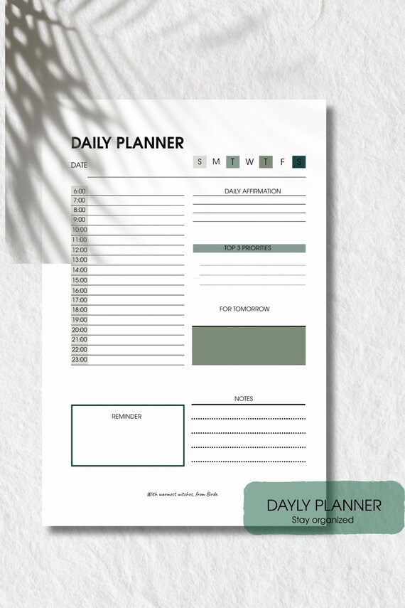 Minimalist Daily Planner Printable | Hourly Schedule, Priorities, Affirmations & Notes | Productivity Planner Page