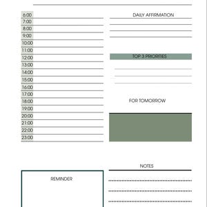 May include: A white daily planner with a minimalist design. The planner includes sections for the date, daily affirmations, top 3 priorities, and notes. The text "DAILY PLANNER" is at the top.