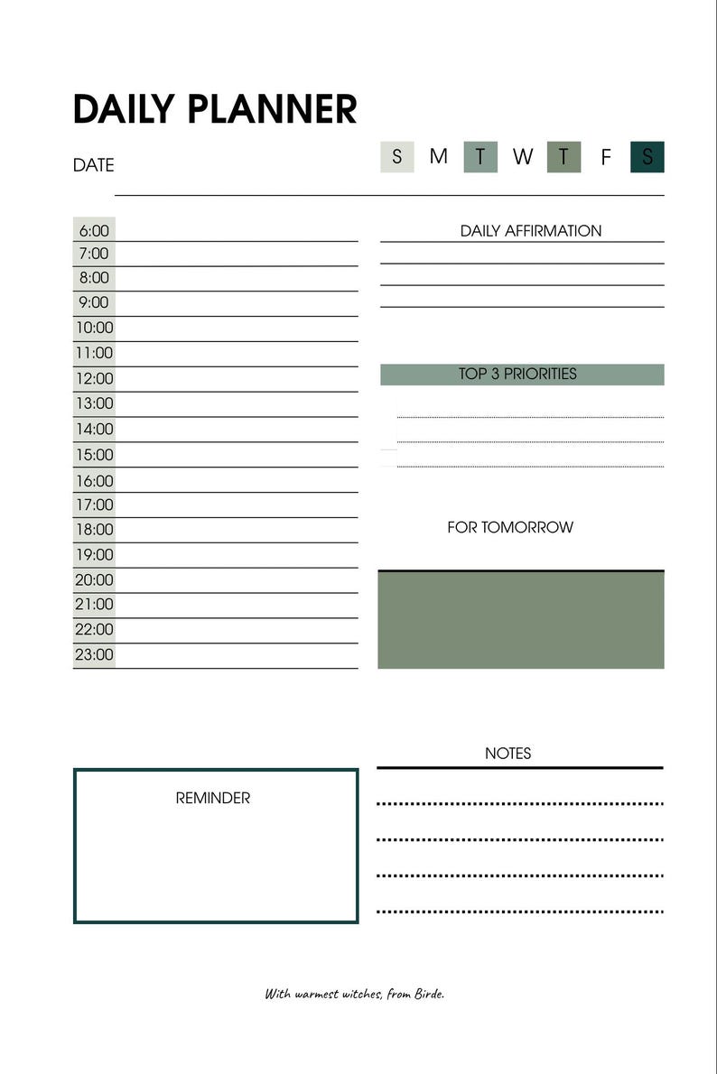 May include: A white daily planner with a minimalist design. The planner includes sections for the date, daily affirmations, top 3 priorities, and notes. The text "DAILY PLANNER" is at the top.