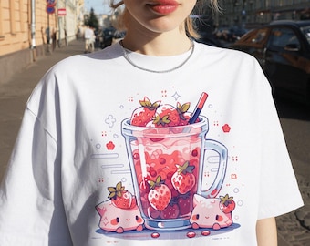 Chemise à thé aux fraises Kawaii - thé Boba, fruits, t-shirt Kawaii, mignon, chat, minou, Harajuku, vêtements Kawaii