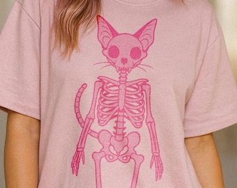 Pinkes Katzen Skelett Rippen Shirt: Kawaii Halloween Pastel Goth Hexe Shirt