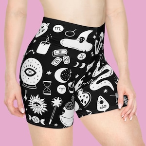 Goth Witch Gym Shorts, Pastel Goth, Alternative Clothing, Biker Shorts, Moon Phases, Astrology Pattern, Yoga, Fitness, Gift for Her