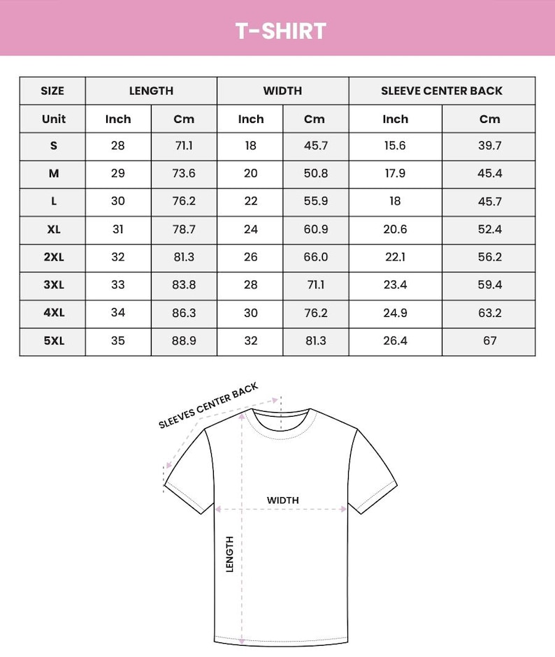 Peut inclure: Tableau des tailles de t-shirts en blanc, avec des mesures en pouces et en centim&egrave;tres. Les tailles vont de S &agrave; 5XL, avec les dimensions de la longueur, de la largeur et du centre du dos de la manche. Un sch&eacute;ma illustre les mesures.