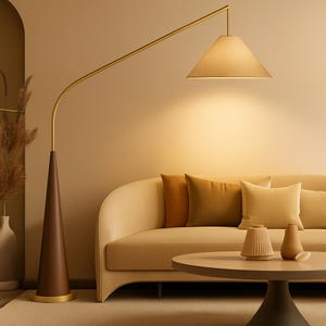 Mid-Century Arc Floor Lamp – Walnut Cone Base with Fabric Shade – Elegant Overreach Lighting for Living Room or Reading Corner