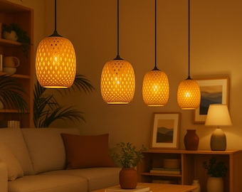 Handmade Rattan Pendant Light – Cozy Woven Bamboo Ceiling Lamp for Living Room, Bedroom or Kitchen – Warm Ambient Lighting