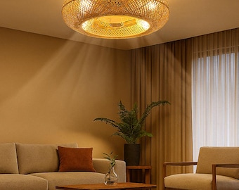 Modern Boho Bamboo Ceiling Fan with Eco-Friendly Rattan Shades - Natural Light Fixture and Ventilator