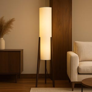 Scandinavian Tripod Floor Lamp: Tall Fabric Shade, Solid Wood - Japandi Style