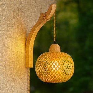 Wall Mounted Rattan Lamp – Boho Woven Wall Sconce Light with Wooden Arm – Cozy Warm Lighting for Bedroom, Living Room or Hallway