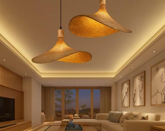 Handmade Woven Rattan Pendant Light – Organic Asymmetrical Ceiling Lamp for Boho, Japandi, or Minimalist Interiors