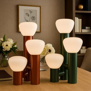 Moderne Pilz-LED-Tischlampe: Milchglas, pulverbeschichtetes Metall