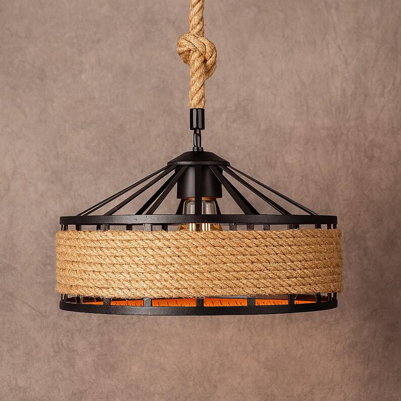Rustic Rope Lighting Rustic Rope Pendant Light – Industrial Ceiling Lamp With Metal Frame ...