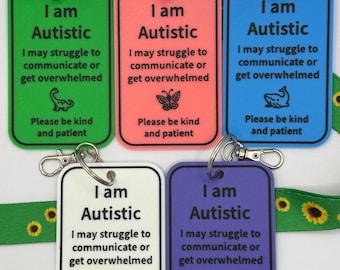 I Am Autistic ID Support Tag | Communication Lanyard Support Tag | Dino, Bee, Whale, Butterfly or Unicorn Design | SEN & Autism Awareness