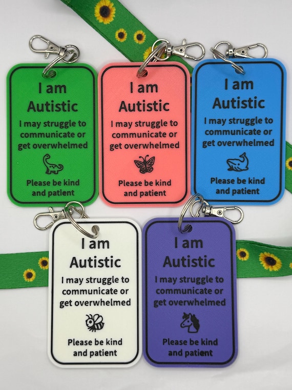 I Am Autistic ID Support Tag | Communication Lanyard Support Tag | Dino, Bee, Whale, Butterfly or Unicorn Design | SEN & Autism Awareness