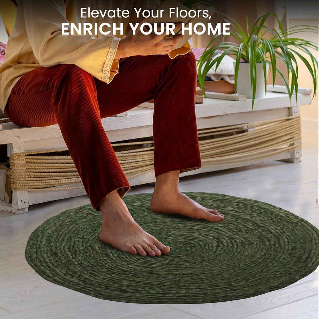 Jute Round Area Rug - Green 1x1 | Compact Eco-friendly Rug for Small ...