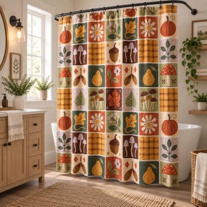 May include: A shower curtain featuring a grid pattern of autumn-themed illustrations including pumpkins, mushrooms, acorns, pears, leaves, and flowers in shades of orange, yellow, green, and brown, interspersed with yellow and brown plaid squares.
